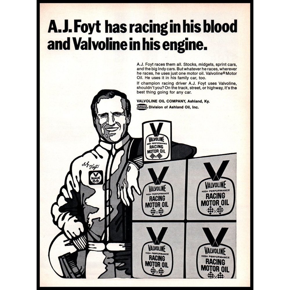 1971 Valvoline Motor Oil AJ Foyt Vintage Print Ad Indy 500 Driver Wall Art